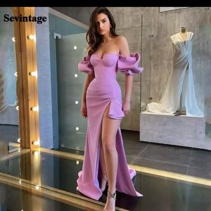 Champagne Prom Dresses Pleat Side Split Puff Sleeves Ruched Party Dress